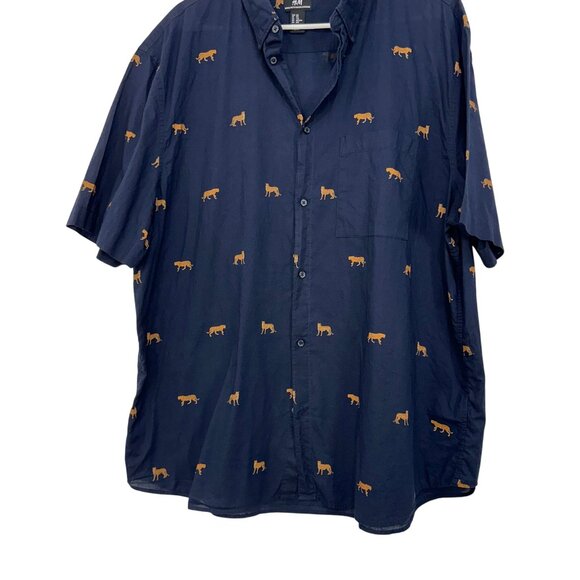 H&M Mens Navy Button-Up Shirt W/Orange Leopard Print XXL  Reg Fit Safary Outdoor - Picture 7 of 11